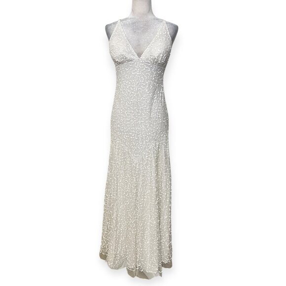 Cache White Sequin Beaded Formal Gown Dress Size 4 Open Back Evening Wedding - Picture 1 of 12
